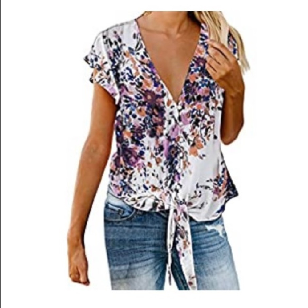 New no tags womens xl button front bottom tie ruffle sleeve blouse
